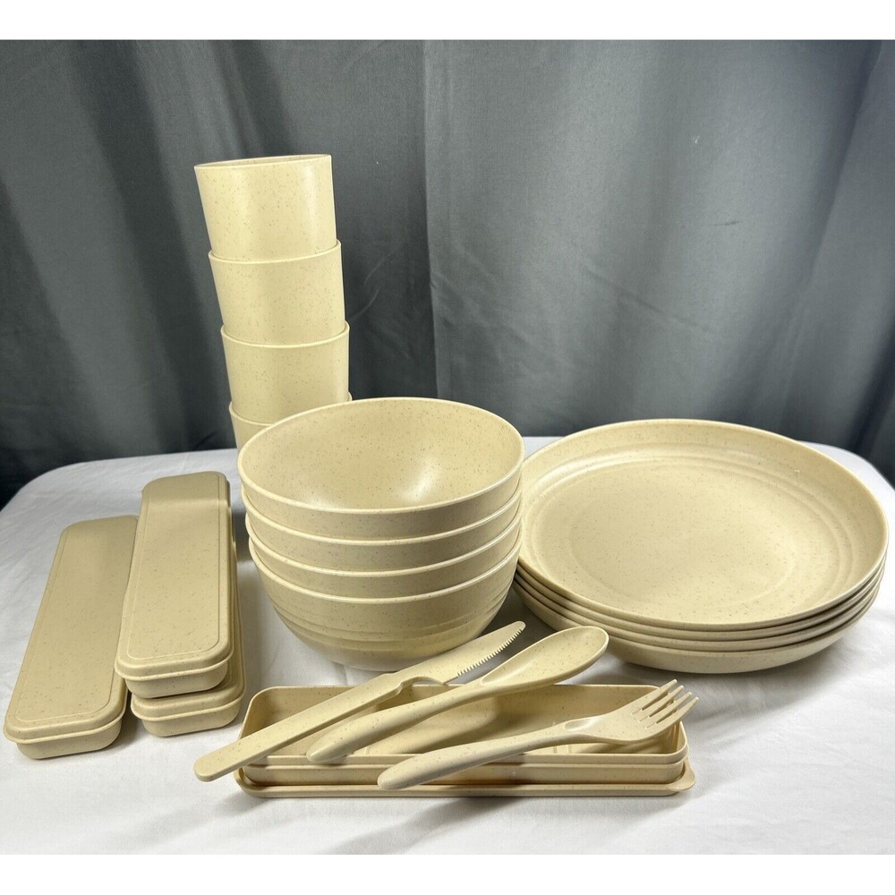 16 Pc Wheat Straw Dinnerware Set Beige Unbreakable Microwave/Dishwasher Safe Box